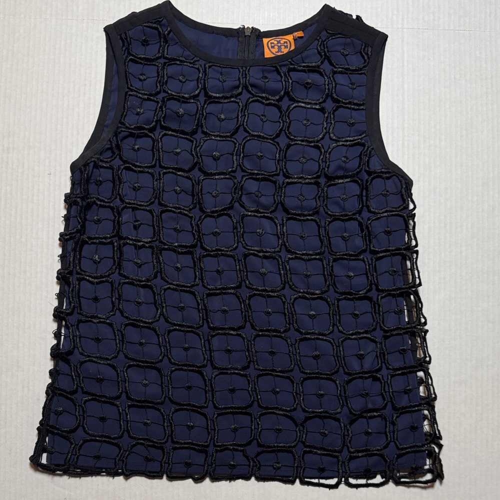 TORY BURCH Women's Edel Shell Black Navy Sleeveless Top Square Lace Overlay‎ 2